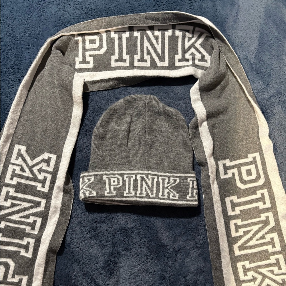 NWOT PINK Victoria's Secret Gray/white Beanie and Scarf Set